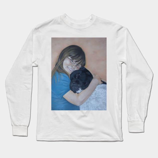 Cute black and white akita cuddling best friend Long Sleeve T-Shirt by pollywolly